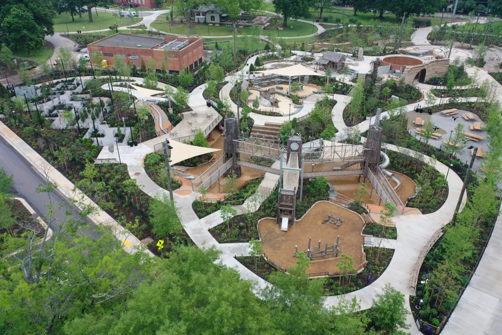Aerial drone image of Gipson Play Plaza